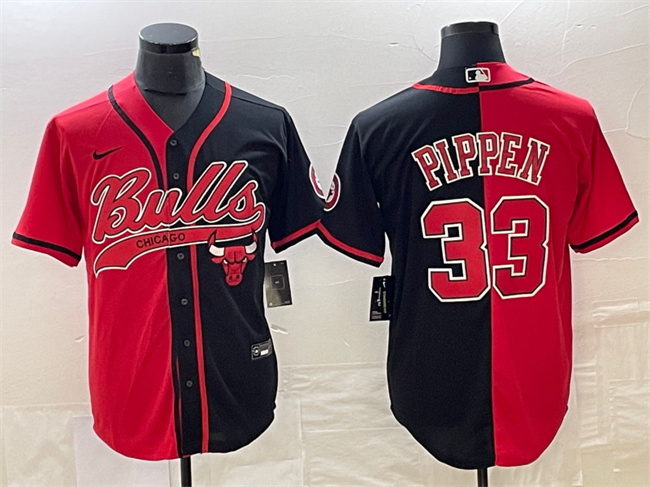 Men's Chicago Bulls #33 Scottie Pippen Red/Black Split Cool Base Stitched Baseball Jersey